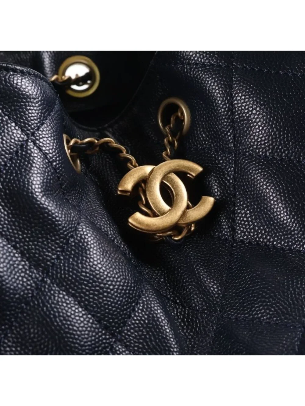 Chanel 25 Chain Bag Navy Caviar Leather Plate Gold